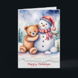 Tarjeta Navidades Snowman y Teddy Bear<br><div class="desc">Oso de peluche acuarela abrazando a un muñeco de nieve en el bosque invernal con borde de papel roto para los Navidades. Todo el texto se puede editar.</div>