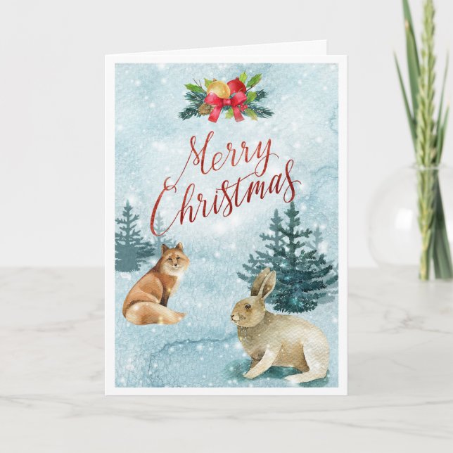 Tarjeta Navidades Snowy Fox y Rabbit Scenic (Anverso)