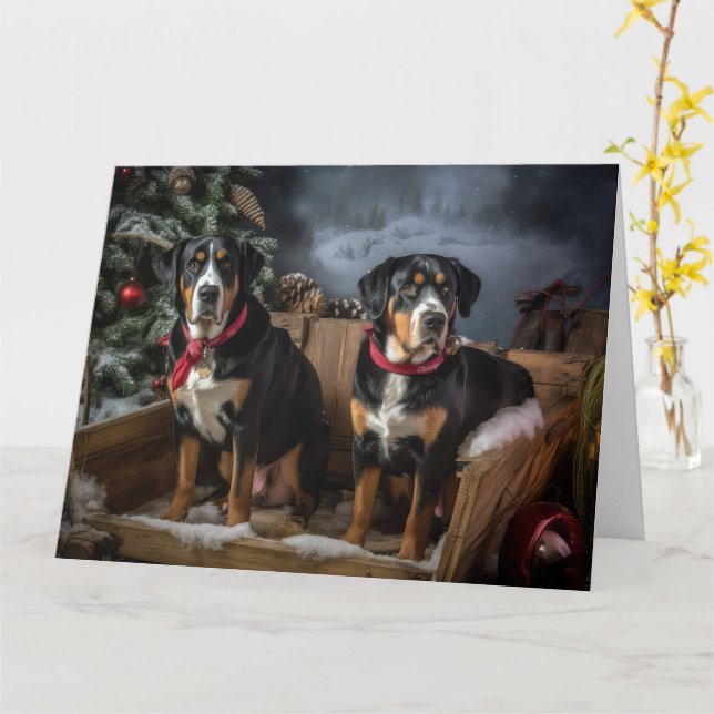 Tarjeta Navidades Snowy Sleigh de la Montaña Suiza Grande (flor amarilla)