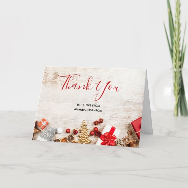 Tarjeta Navidades sobre temas en madera rústica Gracias (Anverso)