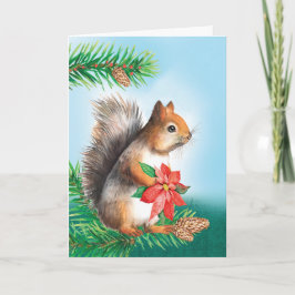 Tarjeta Navidades Squirrel Sostengo Flor de Poinsettia