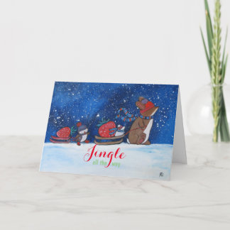 Tarjeta Navidades Strawberries Whimsical Bunny Rabbit Sled
