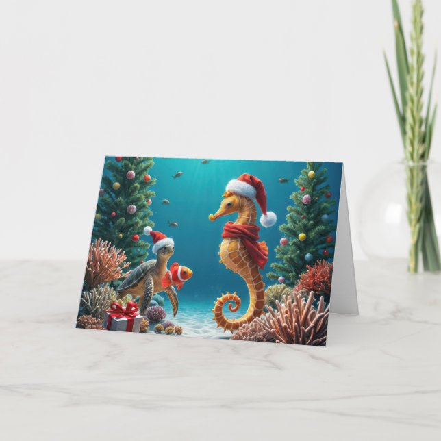 Tarjeta Navidades submarinos: caballito de mar y tortuga m (Anverso)