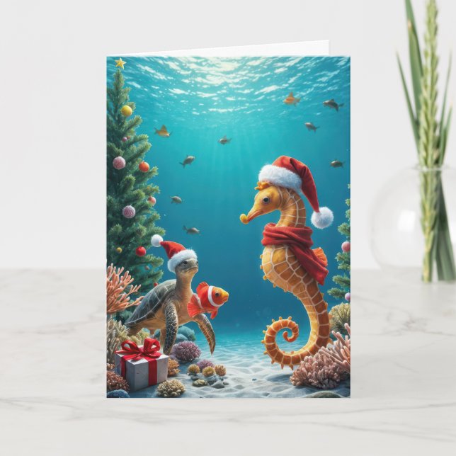 Tarjeta Navidades submarinos: caballito de mar y tortuga m (Anverso)