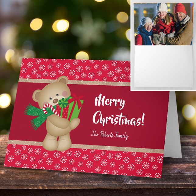 Tarjeta Navidades Teddy Bear y foto familiar, rojo (Subido por el creador)