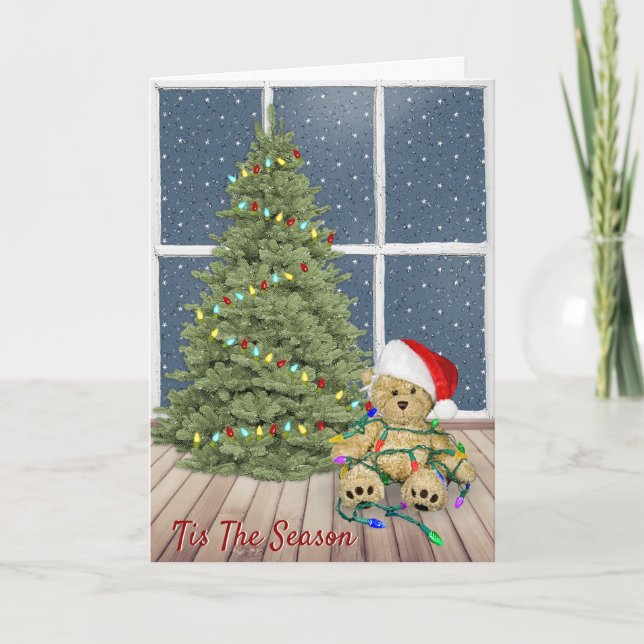 Tarjeta Navidades Teddy Osos En Luces De Vacaciones (Anverso)