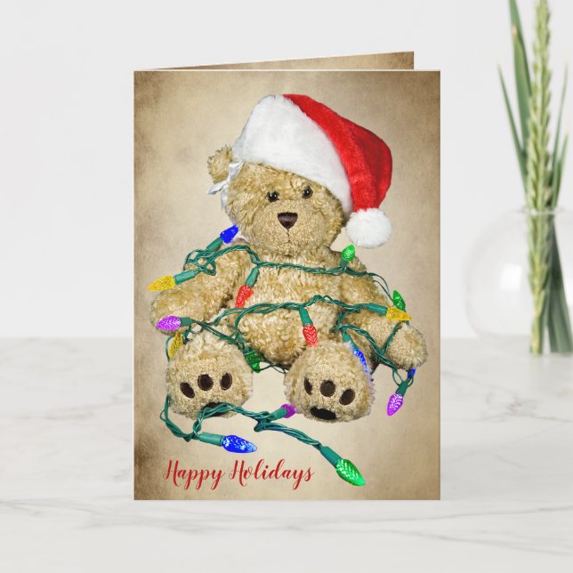 Tarjeta Navidades Teddy Osos En Luces De Vacaciones (Anverso)