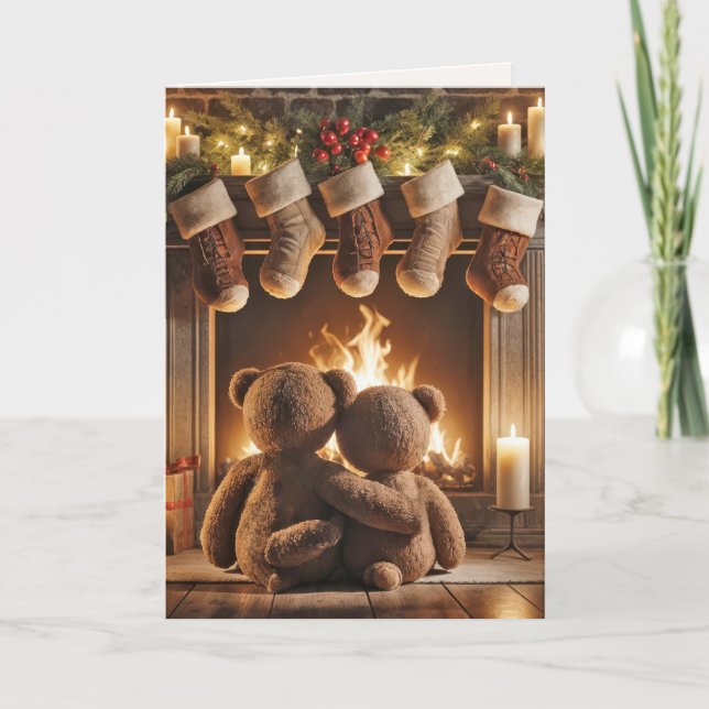 Tarjeta Navidades Teddy osos junto a una chimenea (Anverso)