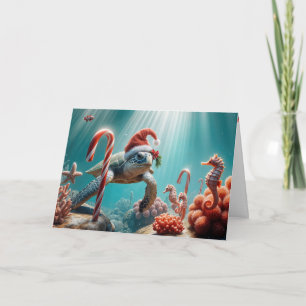 Tarjeta Navidades Tortuga marina con caña de canto