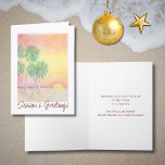Tarjeta Navidades Tropical Beach Sunset Palm Trees<br><div class="desc">Navidades Tropical Beach con tarjeta de bienvenida plegada de vacaciones, con un colorido diseño de una obra de arte dibujada a mano de una puesta de sol de la isla. Con grabado de personalizable, puede agregar su propio texto. Una tarjeta divertida para enviar a sus seres queridos de lejos y...</div>