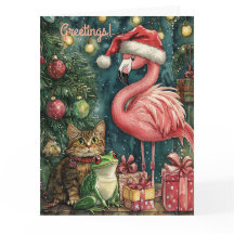 Navidades tropicales de gato y rana Flamingo rosa