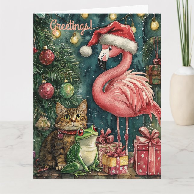 Tarjeta Navidades tropicales de gato y rana Flamingo rosa (Anverso)