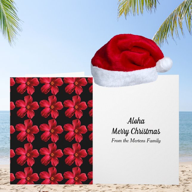 Tarjeta Navidades tropicales del patrón de flor rojo hibis (Red Hibiscus Flower Pattern Tropical Christmas Card)