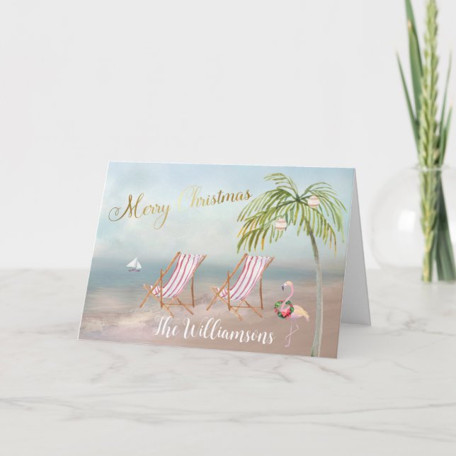 Tarjeta Navidades únicos de Beach Flamingo Wreath (Anverso)