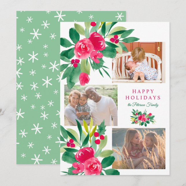 Tarjeta Navidades vacaciones acuarela floral 3 fotos nieve (Anverso / Reverso)