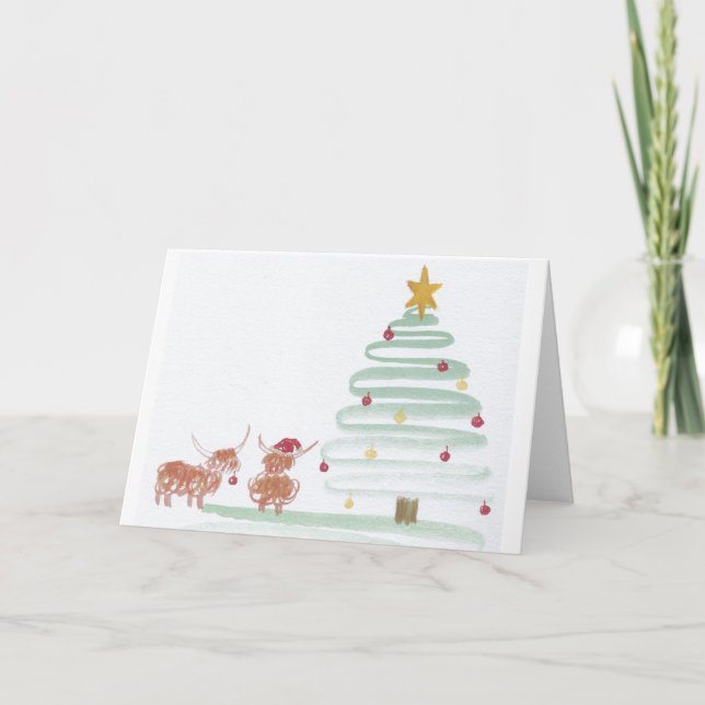 Tarjeta Navidades vacas de tierras altas decorando baudias (Anverso)