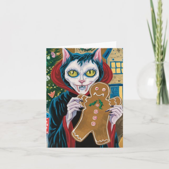 Tarjeta Navidades Vampire Kitty Con El Hombre De Gingerbre (Anverso)