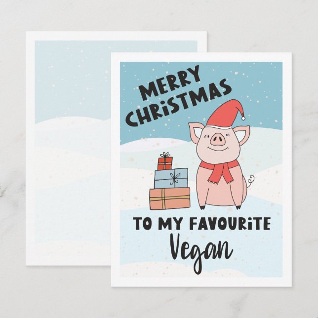 Tarjeta Navidades veganos con buen lechón y regalos (Anverso / Reverso)