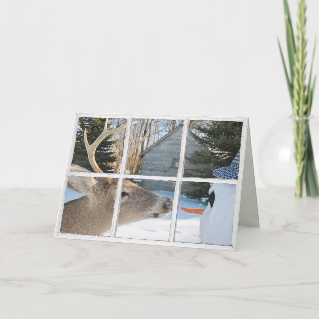 Tarjeta Navidades venados y muñecos de nieve en la ventana (Anverso)