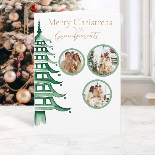 Tarjeta Navidades verdes Pagoda Tree Grandparent 3-Photo (Green Christmas Pagoda Tree Grandparent 3-Photo Card)
