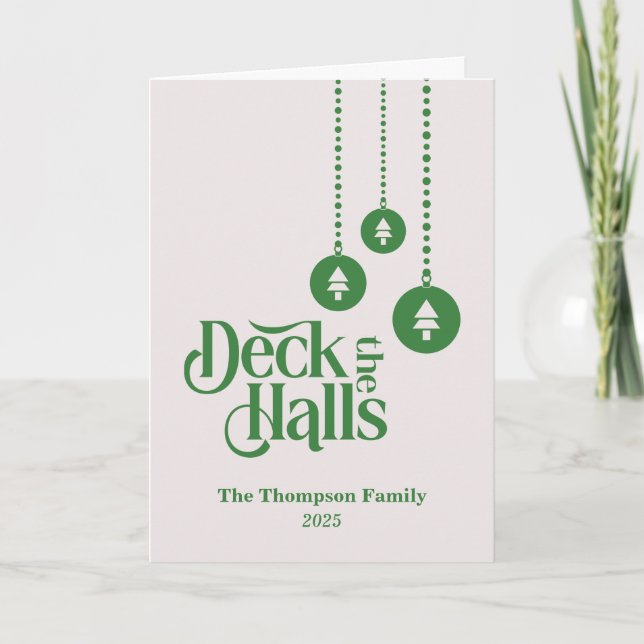 Tarjeta navidades verdes rosados "Deck The Halls" (Anverso)