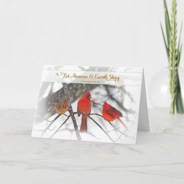 Tarjeta Navidades, versos cristianos, nieve, cardenales ro (Anverso)