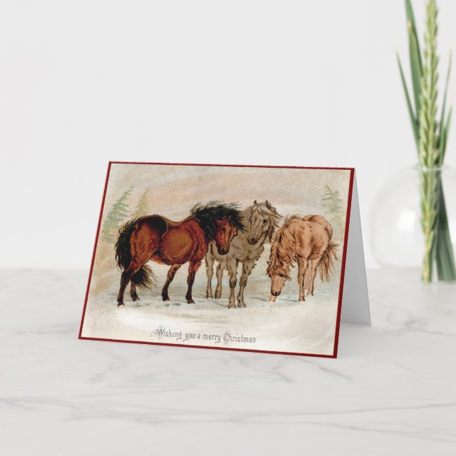 Tarjeta Navidades victorianos con caballos de campo en nie (Anverso)