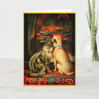 Tarjeta Navidades victorianos con perro y gato amigables
