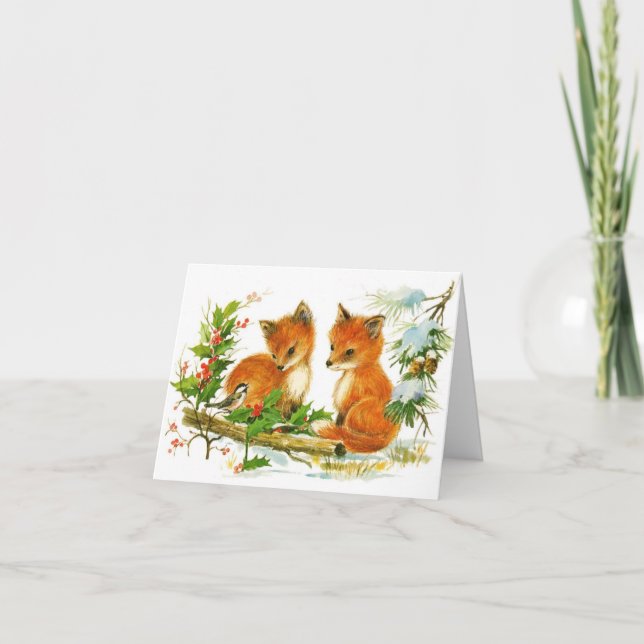 Tarjeta Navidades Vintage de Winter Red Fox (Anverso)