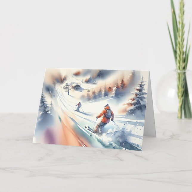 Tarjeta Navidades Watercolor Downhill Skiters (Anverso)