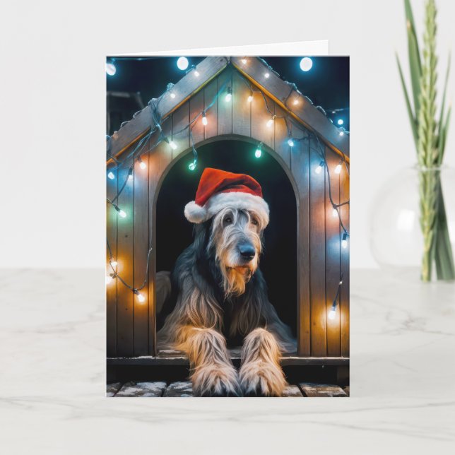 Tarjeta Navidades Wolfhound irlandés en un Doghouse (Anverso)