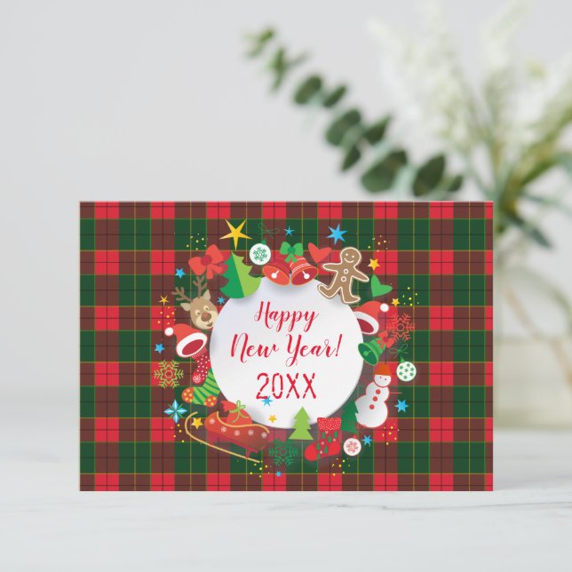 Tarjeta ¡navidades y Feliz Año Nuevo 20XX! Patrón de Escoc (Anverso de pie)