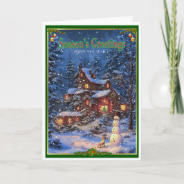 Tarjeta Navidades y perro y muñeco de nieve