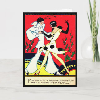 Tarjeta navideña Art Deco Pierrot & Pierette Vinta