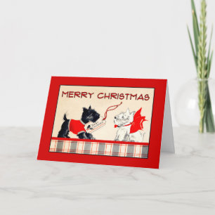 Tarjeta navideña Black and White Scottie Dog Merry