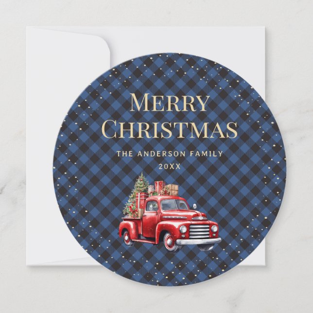 Tarjeta navideña Blue Plaid Red Truck Snow Merry (Anverso)