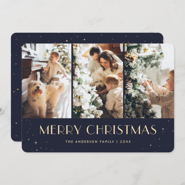 Tarjeta navideña Blue Starry Collage de fotos (Anverso / Reverso)