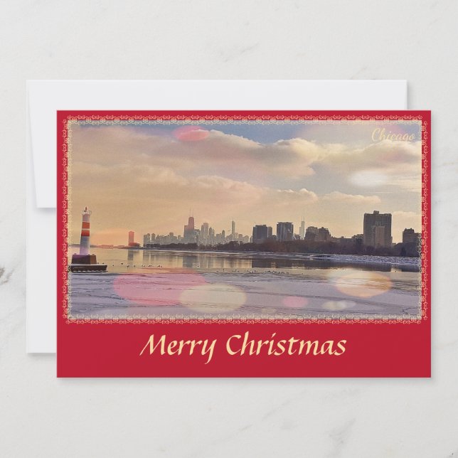 Tarjeta navideña Chicago Skyline Merry (Anverso)