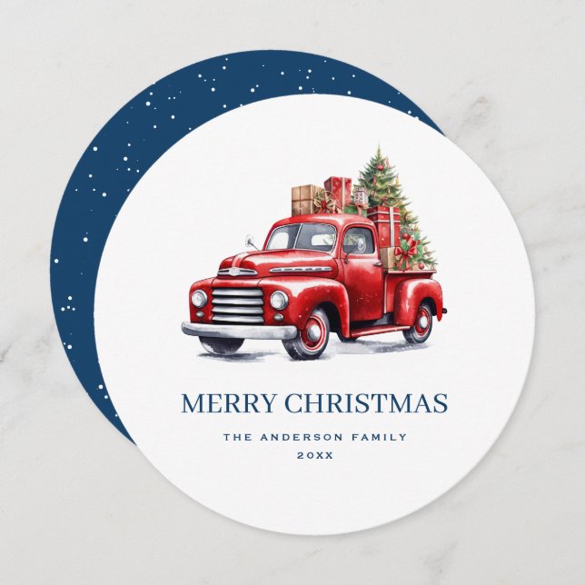 Tarjeta navideña Classic Red Truck Blue Merry (Anverso / Reverso)