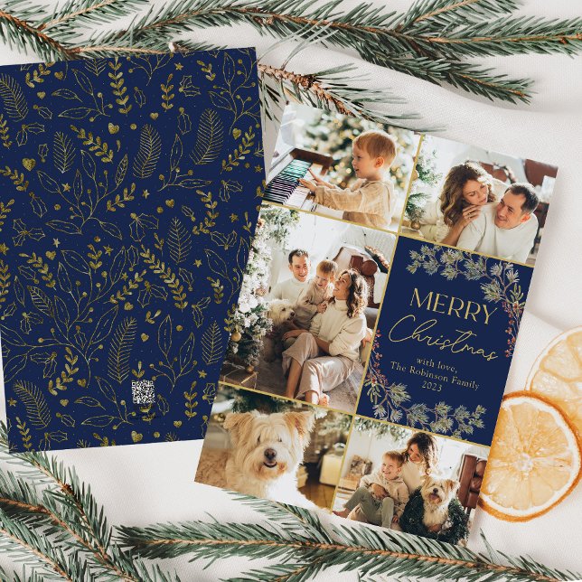 Tarjeta navideña collage de fotos Blue Gold (Subido por el creador)