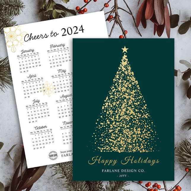 Tarjeta navideña con logotipo de negocios de árbol (2024 Calendar Xmas Tree Business Logo Holiday Card)