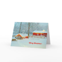 Tarjeta navideña con una escena de granja nevada