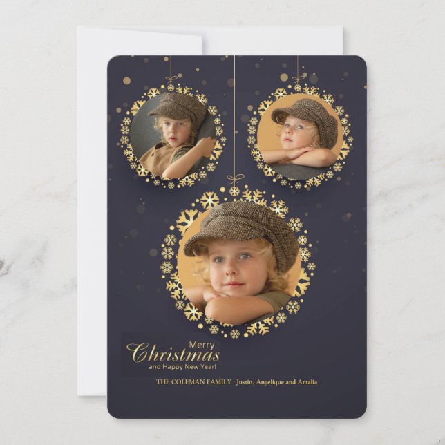 Tarjeta Navideña de 3 Fotos con Adornos Colgantes (Anverso)