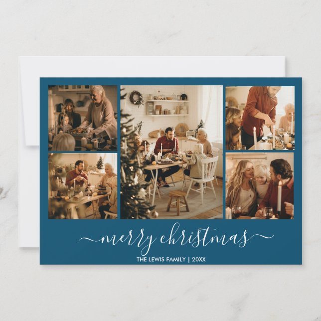 Tarjeta navideña de 5 fotos Blue Merry Christmas (Anverso)