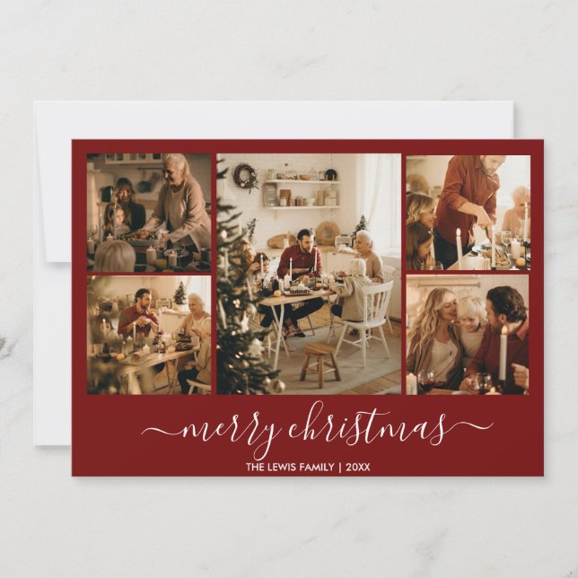 Tarjeta navideña de 5 fotos de navidad roja (Anverso)