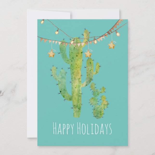 Tarjeta navideña de acuarela de Cactus festivo (Anverso)
