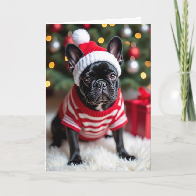 Tarjeta Navideña de adorable Bulldog Francés (Anverso)