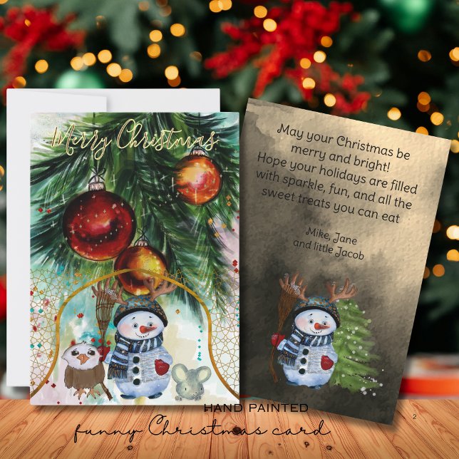 Tarjeta navideña de animadores y amigos forestales (Whimsical Snowman & Forest Friends Holiday Card)