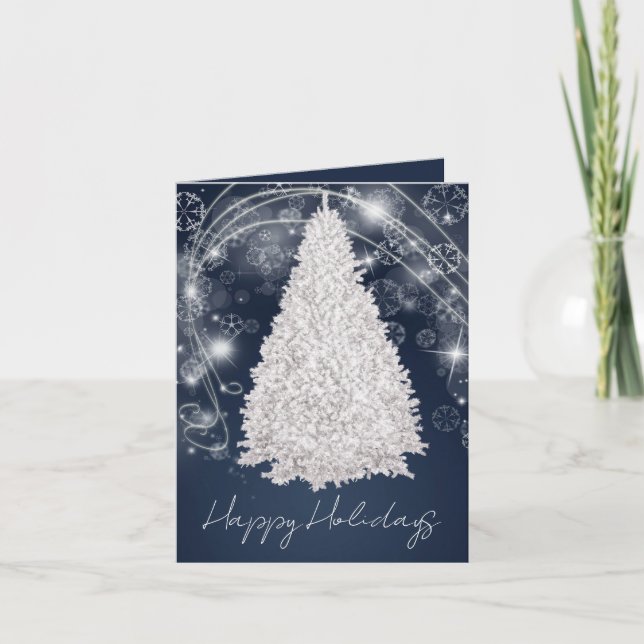 Tarjeta navideña de árbol de Navidad de Moda azul (Anverso)