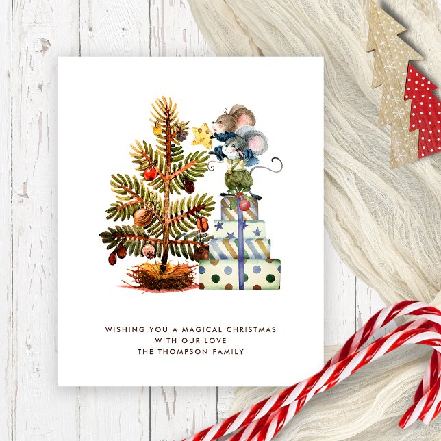 Tarjeta navideña de árbol de navidad de ratones ba (Budget price smaller 4.5 x 5.6" humorous cute mice Christmas Card)